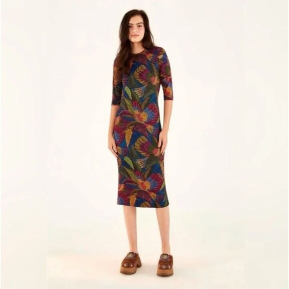 Farm Rio Dress Dotted Macaws Midi 3/4 Sleeve Fitted Jersey Tropical Vacation M - Picture 1 of 14